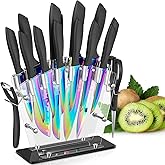 Aiheal Knife Set, 16 Pieces High Carbon Stainless Steel Rainbow Color Kitchen Knife Set, Titanium Coating Blade, No Rust and Super Sharp Cutlerywith Acrylic Stand and Kitchen Scissors, Gift
