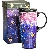 Topadorn Ceramic Travel Mug Coffee Cup with Sealed Lid & Gift Box, 17 OZ Coffee Mug for Latte & Hot Chocolate, Microwave & Dishwasher Safe, Purple Starry Sky