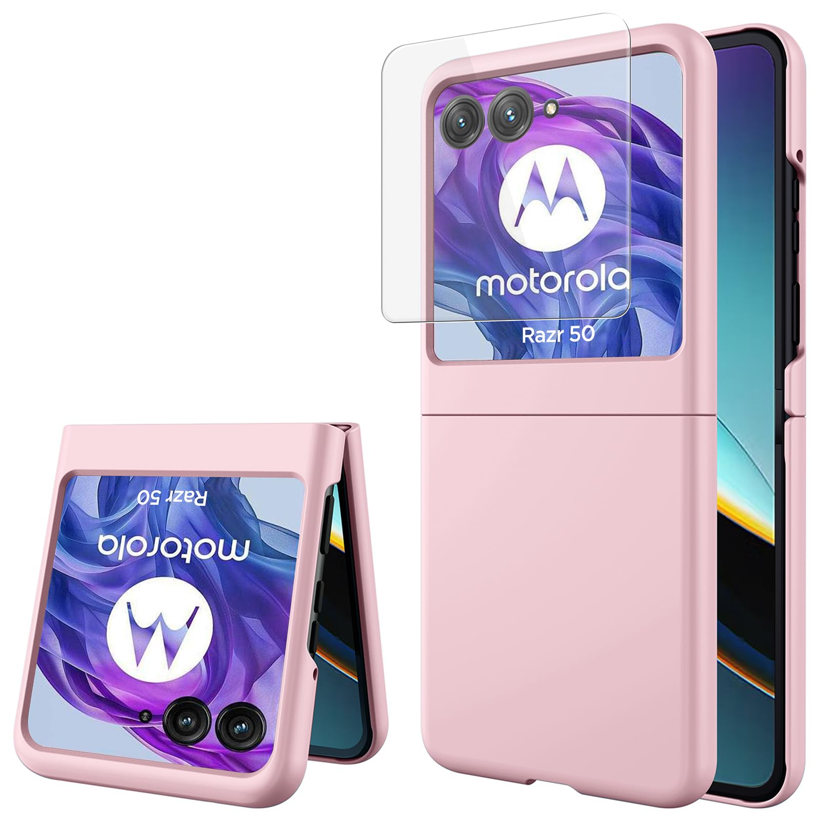 Miimall Compatible with Motorola Razr 50 Screen Protector case, [Built-in Tempered Glass Film] Hard PC Ultra Thin Shockproof Frosted Skin-Friendly Bumper Protective Cover for Moto Razr 50, Pink
