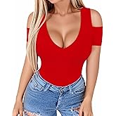HERLOLLYCHIPS Women Tops Summer Deep V Neck Short Sleeve Cold Shoulder Slim Fit Casual Sexy Tees T-Shirts