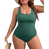 Charmo Plus Size Swimsuit for Women 2026 Tummy Control Scalloped Ribbed One Piece Swimsuits Ruched Modest Bathing Suit