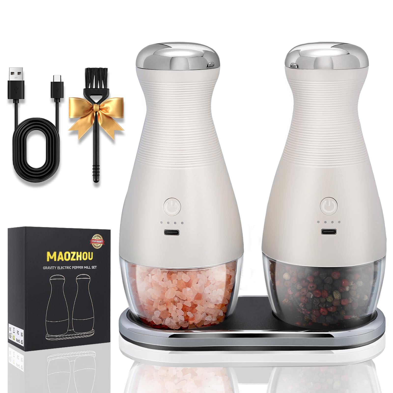 Photo 1 of MAOZHOU Gravity Electric Salt and Pepper Grinder Set,Adjustable Coarseness Automatic Shakers Mill Grinder with LED Light,One Hand Operation,USB Type-C Rechargeable,Refillable,Larger Capacity