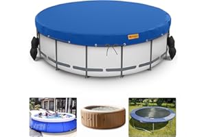 HIGHTQURO Round Pool Covers, above Ground Pool Cover for Metal Frame Pools, Swimming Pool Cover Protector with Tie-Down Ropes and Sandbag Increase Stability, UV-Resistant & Tear-resistant