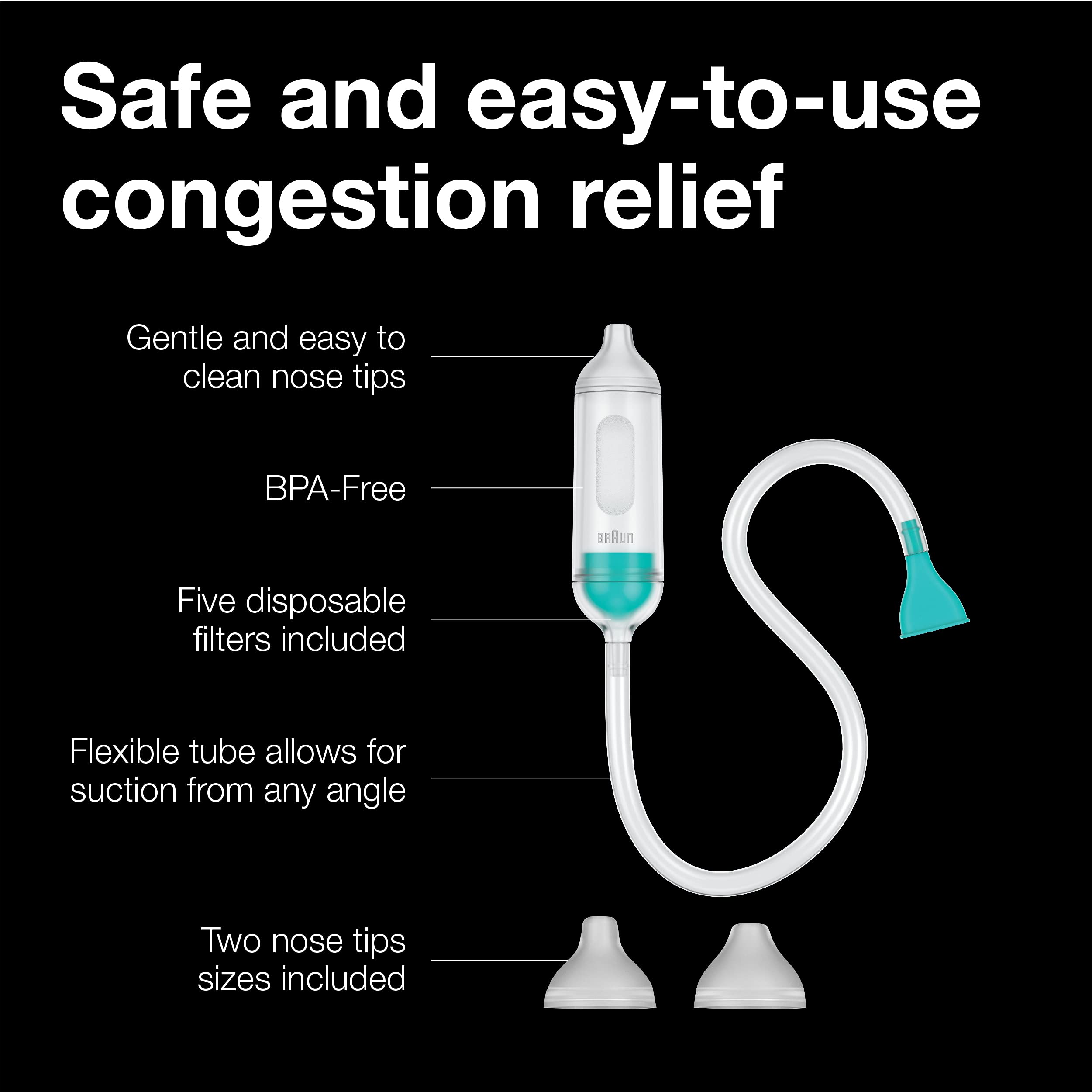 Braun Manual Nasal Aspirator - Mucus Remover, Blocked Nose Relief, Manual Suction Power, 2 Nose Tip Sizes, Newborn, Baby, and Child Friendly, Dishwasher Safe, FSA and HSA Eligible