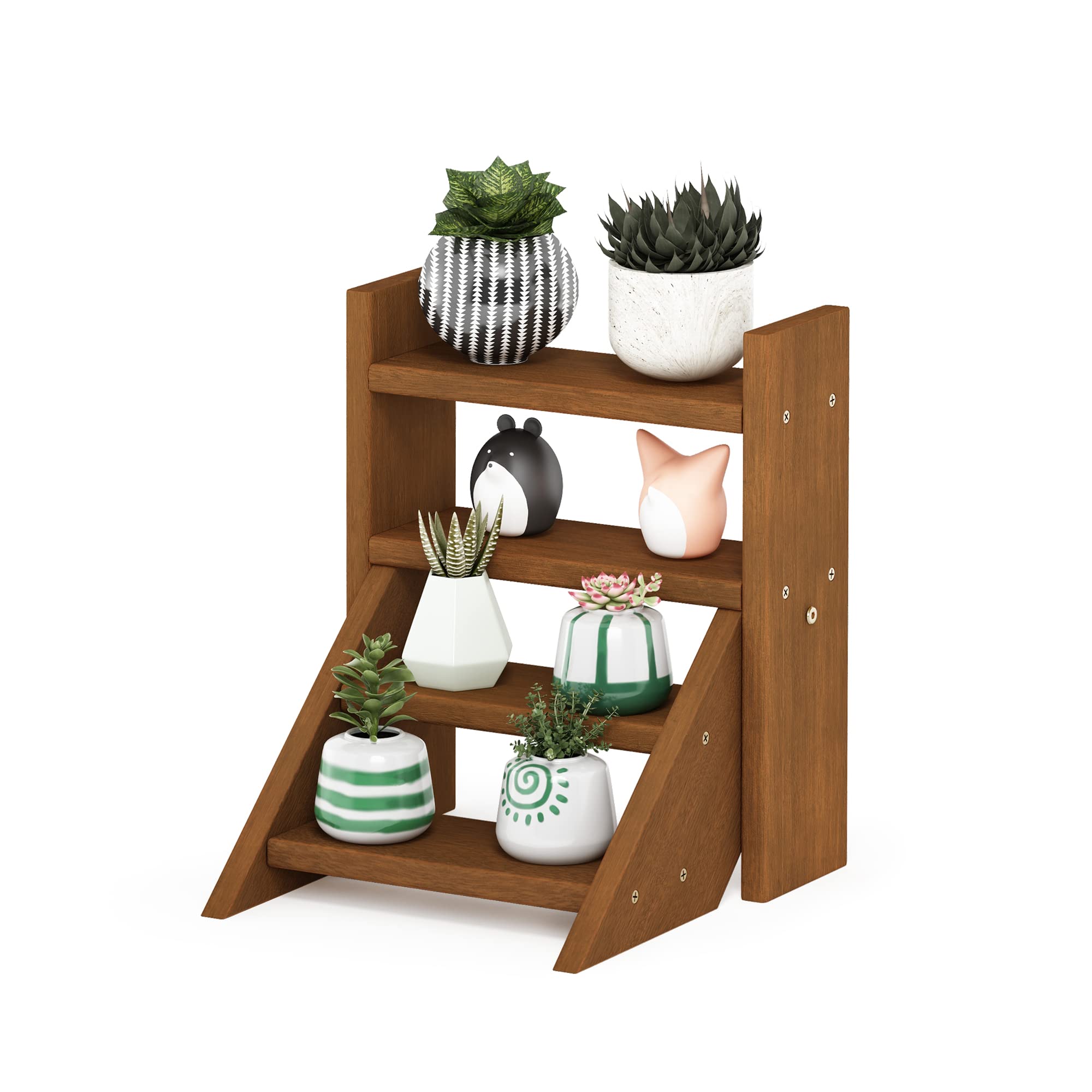 Furinno TIOMAN Plant Stand Indoor Outdoor, Tabletop Mini Ladder Planter Stand, Planter Shelf, Organizers, Indoor, Outdoor, Patio, Balcony, Garden, Meranti Wood
