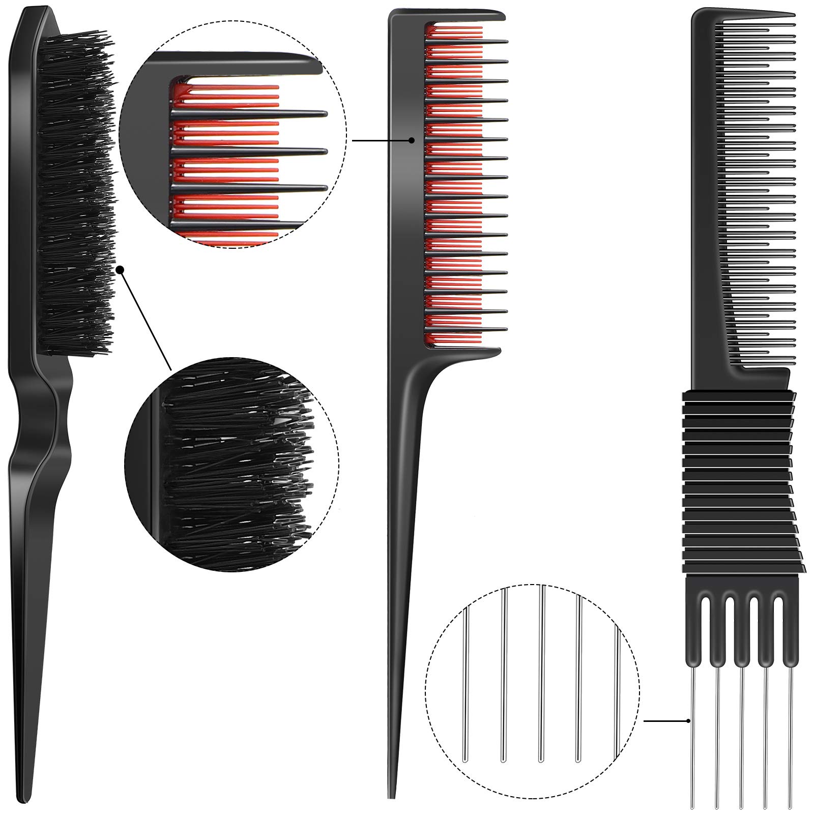 3 Pieces Pick Teasing Combs Hair Brush Set Includes Black Carbon Lift with Metal Prong, Triple Pin Rat Tail Comb, Nylon Bristle Hair Brush for Women(Black and Red)