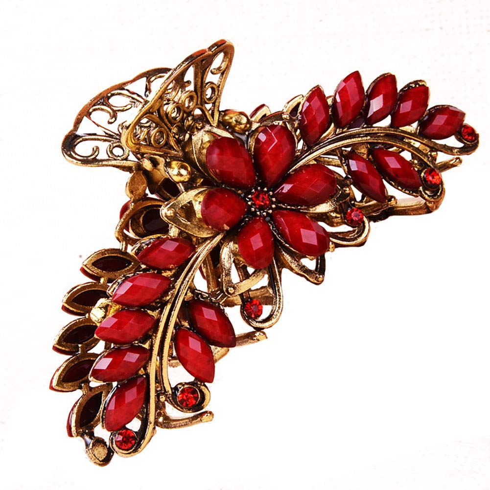 Women Lady Retro Flowers Alloy No-Slip Hair Claw Clip Hair Clamp Large Rhinestone Hair Grip Hair Pin Jaw Clip (Red)