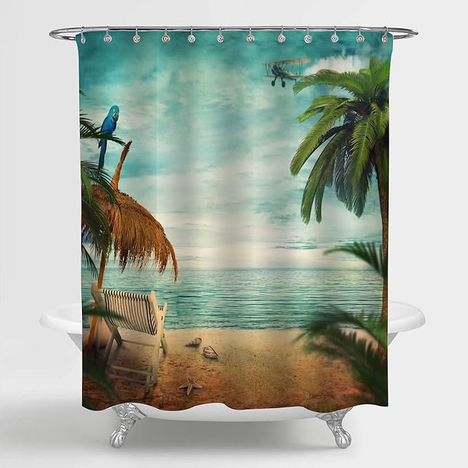 Amazon Com Mitovilla Tropical Seaside Shower Curtain For Hawaiian Decorations Straw Parasol And Beach Chair With Cloudscape And Calm Sea Water On Island Sand Beach Bathroom Decor Standard Size 72 W X 72