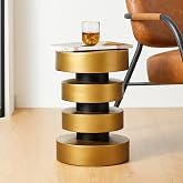 Glitzhome Modern Industrial 12&rdquo; Dia Round Side Table in Antique Gold Black, Floating Disks Accent Stool End Table for Living Room, Bedroom, Entryway and Small Spaces