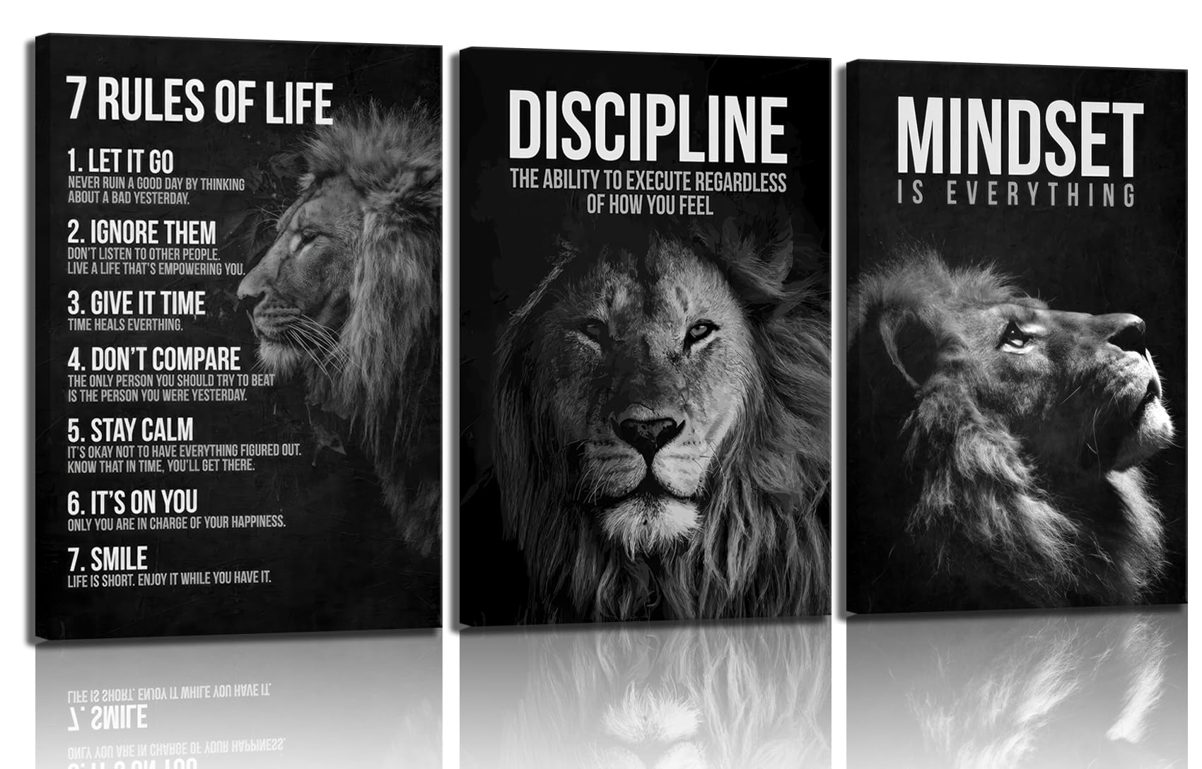 Photo 1 of 3 Pcs Framed Lion Inspirational Quotes Canvas Wall Art 7 Rules of Life Poster Wall Decor Pictures Office inspiration Poster Prints for Home Office gym study workplace Decoration 12x16 in