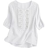 Kistore Women's Embroidered Blouses 2026 Short Sleeve Lace Trim Crew Neck Trendy Casual Tops Pullover Shirts