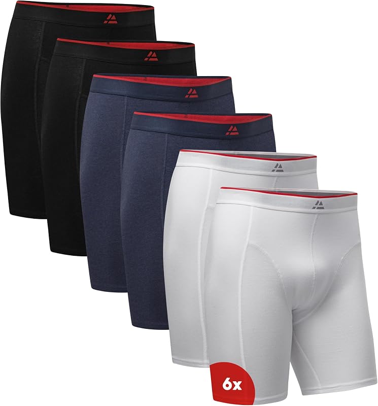 Bambus Boxershorts Herren, Lang, 3er & 6er Pack, Mehrfarbig (2xSchwarz/Rot, 2xMarineblau, 2xWeiß), L