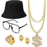 SATINIOR 80s 90s Hip Hop Costume Outfit Kit, 5 Pcs Dollar Chain Necklace Ring Bucket Hat Glasses Earring for Rapper Men Women