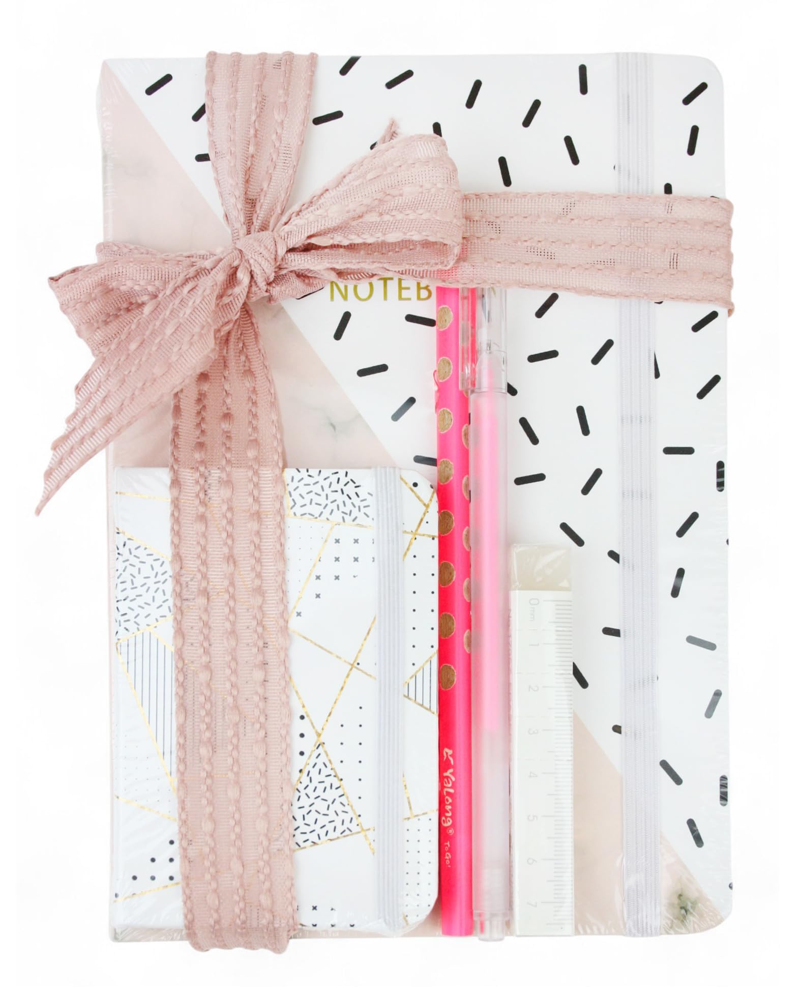 Emartbuy Luxury A5 Marble Notebook Gift Set with A6 Grid Journal Pink Ballpoint Pen Mini Ruler Eraser and Ribbon for Office School and Gifting