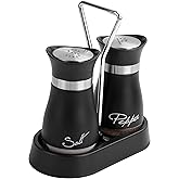 Wartter 2 PCS - Stainless Steel and Glass Salt and Pepper Shaker Sets with Holder (BLACK)