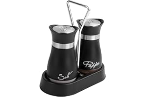 Wartter 2 PCS - Stainless Steel and Glass Salt and Pepper Shaker Sets with Holder (BLACK)