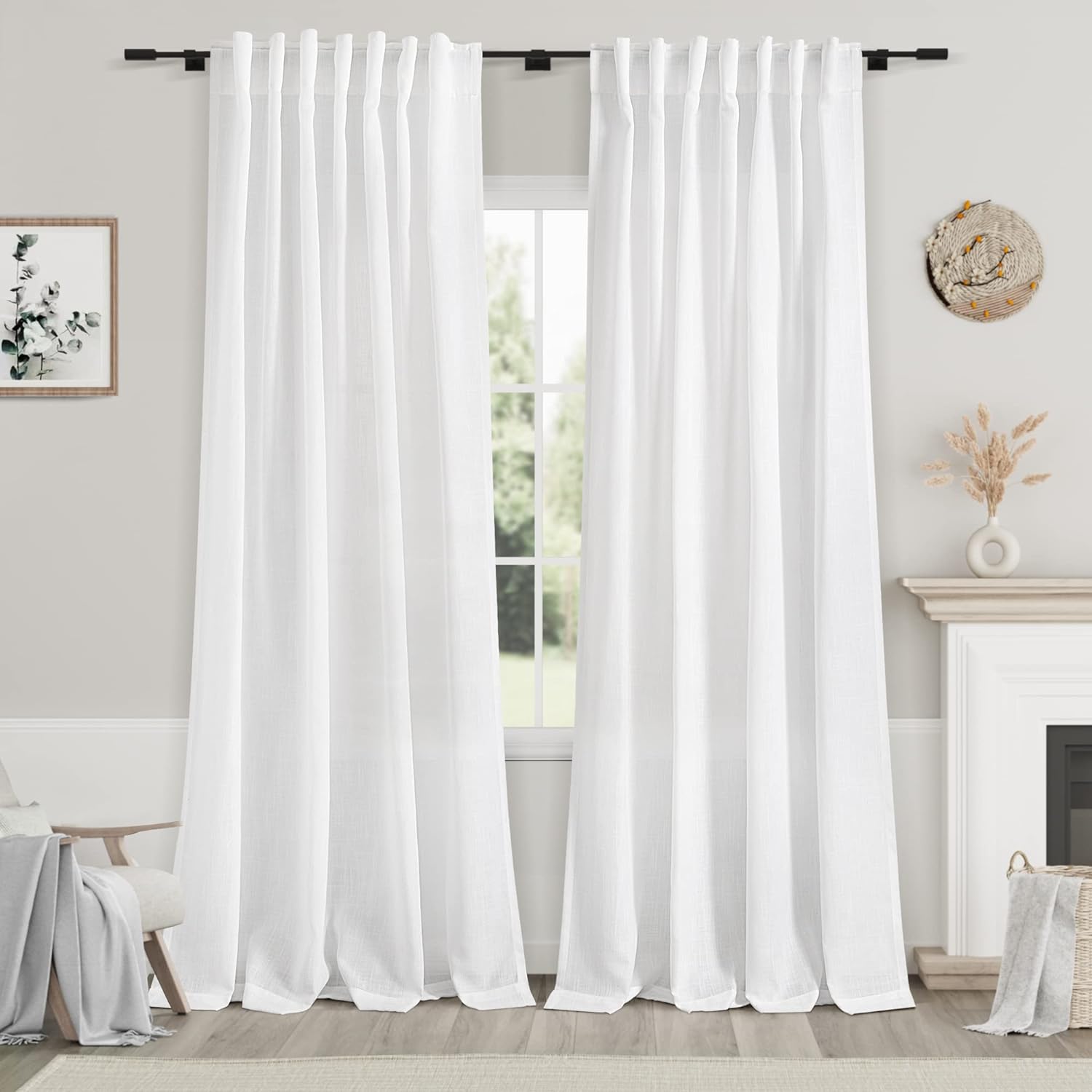 Window Treatments - White Linen Curtains 84 inches Long for Bedroom Back Tab Light Filtering Privacy Sheer White Curtains Modern Farmhouse Coastal Decor Pure White Cotton Textured Gauze Curtain for Living Room 2 Panels