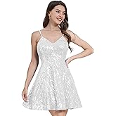 ODIZLI Women's Spaghetti Straps Sparkly Sequins A Line Swing Party Nightclub Dance Mini Dress Above Knee Length