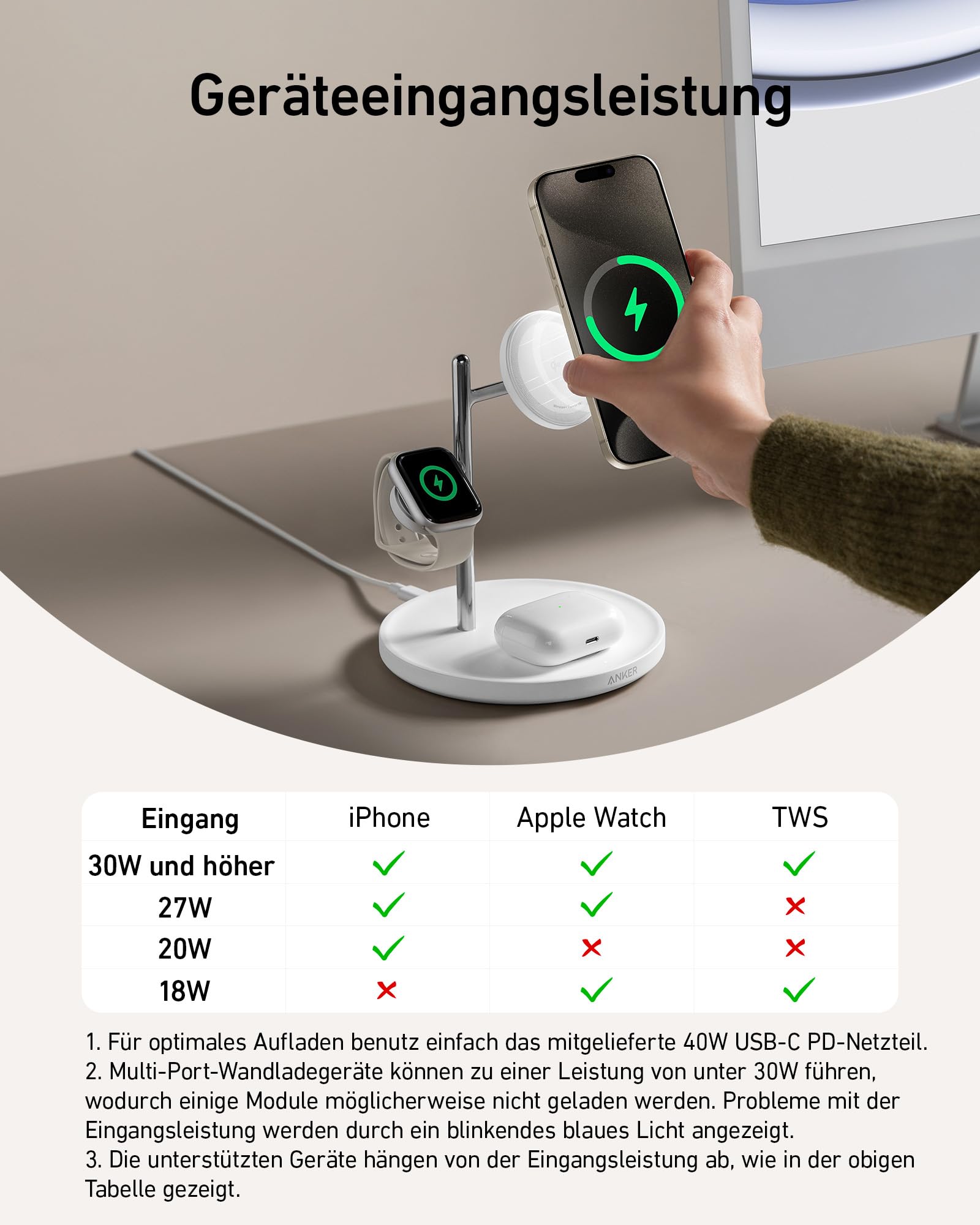 Anker MagGo 3-in-1 Kabellose Ladestation, 15W kabelloser Ladeständer, MagSafe-kompatibel, Qi2-zertifiziert, für iPhone 17/16/15/14 Serie, AirPods Pro, Apple Watch Ultra (Mit USB-C Netzteil und Kabel) 6