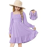 Durio Girls Dresses for Teens Girls Tie Back Off Shoulder Dress Cute Long Sleeve Dress Easter Kids School Party Dance Dresses