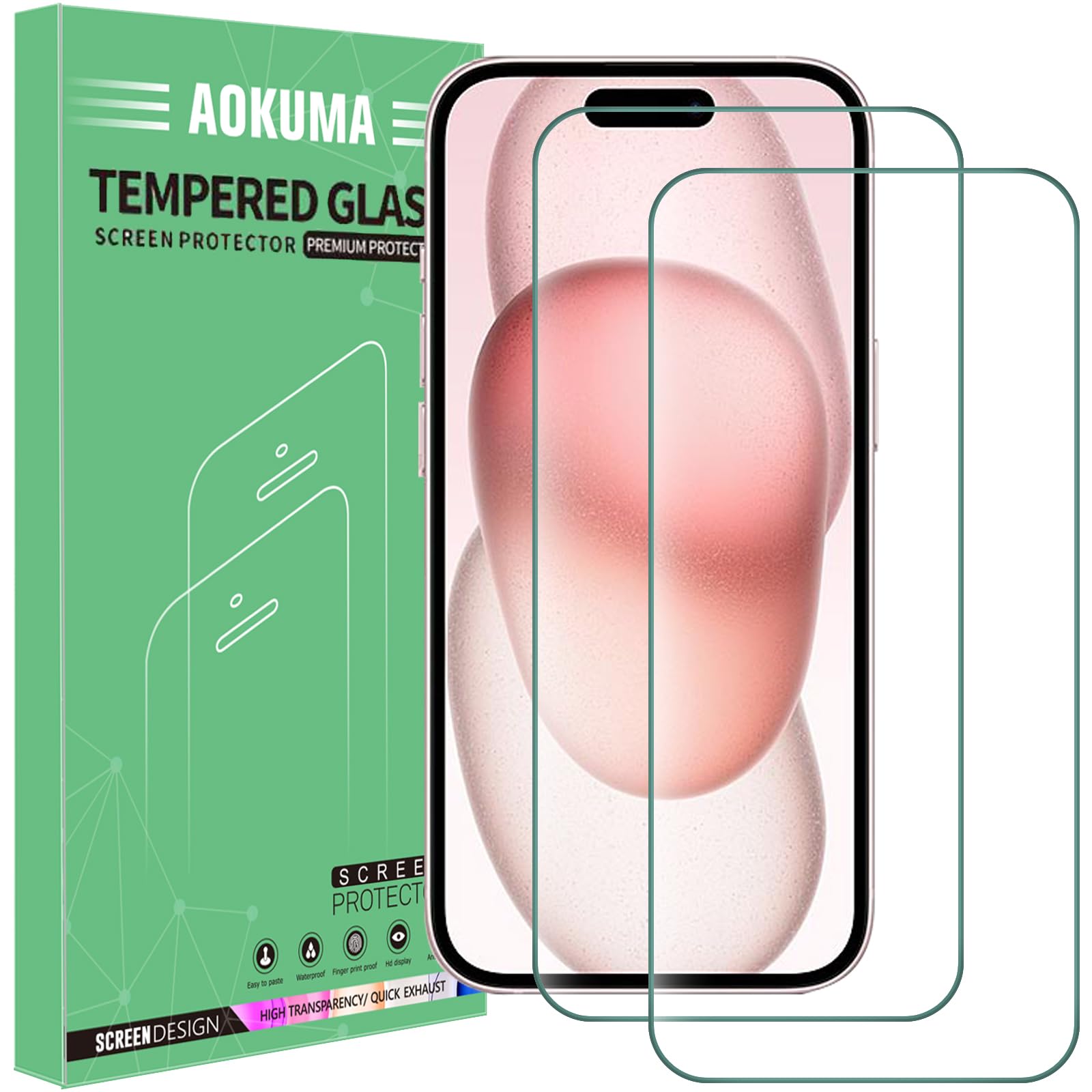 AOKUMA Tempered Glass for iPhone 15 Pro/iPhone 15 Screen Protector, [2 Pack] Premium Quality Guard Film, Case Friendly, Shatterproof, Shockproof, Scratchproof,Oilproof for iPhone 15/15 Pro