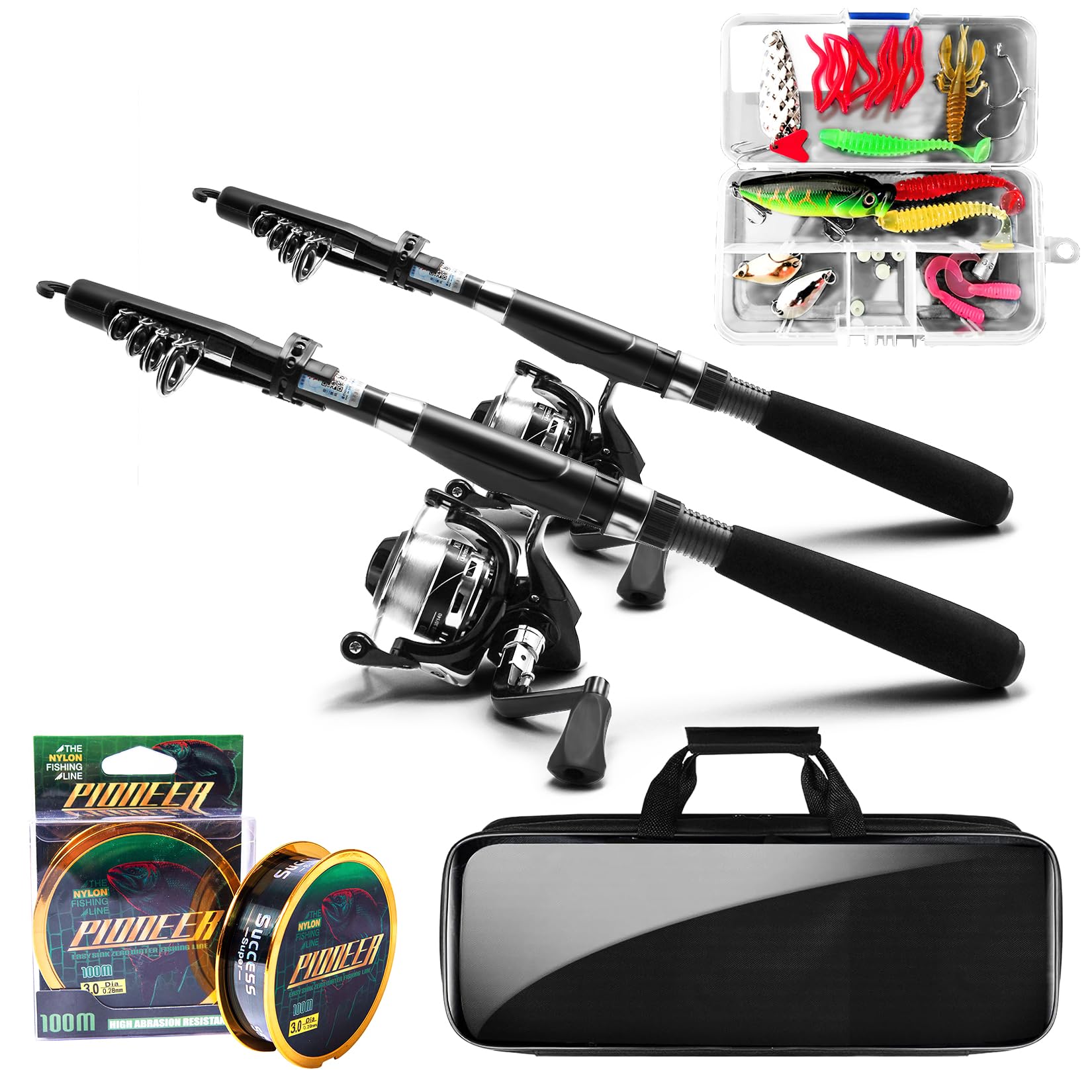 Photo 1 of Fishing Rod and Reel Combos, 2PCS 5.9FT Carbon Fiber Fishing Pole Kits with Spinning Reels, Telescopic Travel Fishing Rod Line Lures Set with Carrier Bag for Freshwater Saltwater Fishing