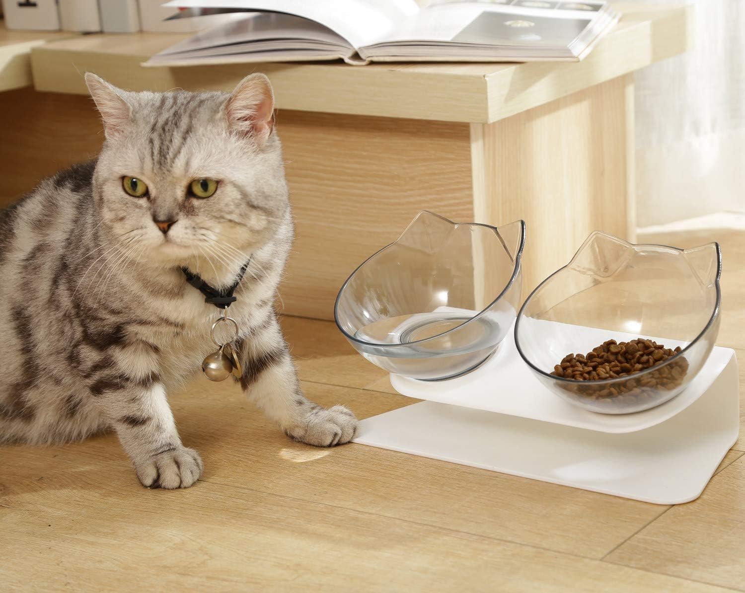 ANGGO Cat Bowls, Double Cat Bowl with Raised Stand, 15° Tilted Anti-Slip Pet Feeding Bowl Cat Water Bowl Pet Bowl Cat Feeding Bowl Detachable