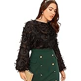 SweatyRocks Women's Plus Size Fringe Long Bishop Sleeve Boat Neck Sheer Blouse Drop Shoulder Elegant Tops