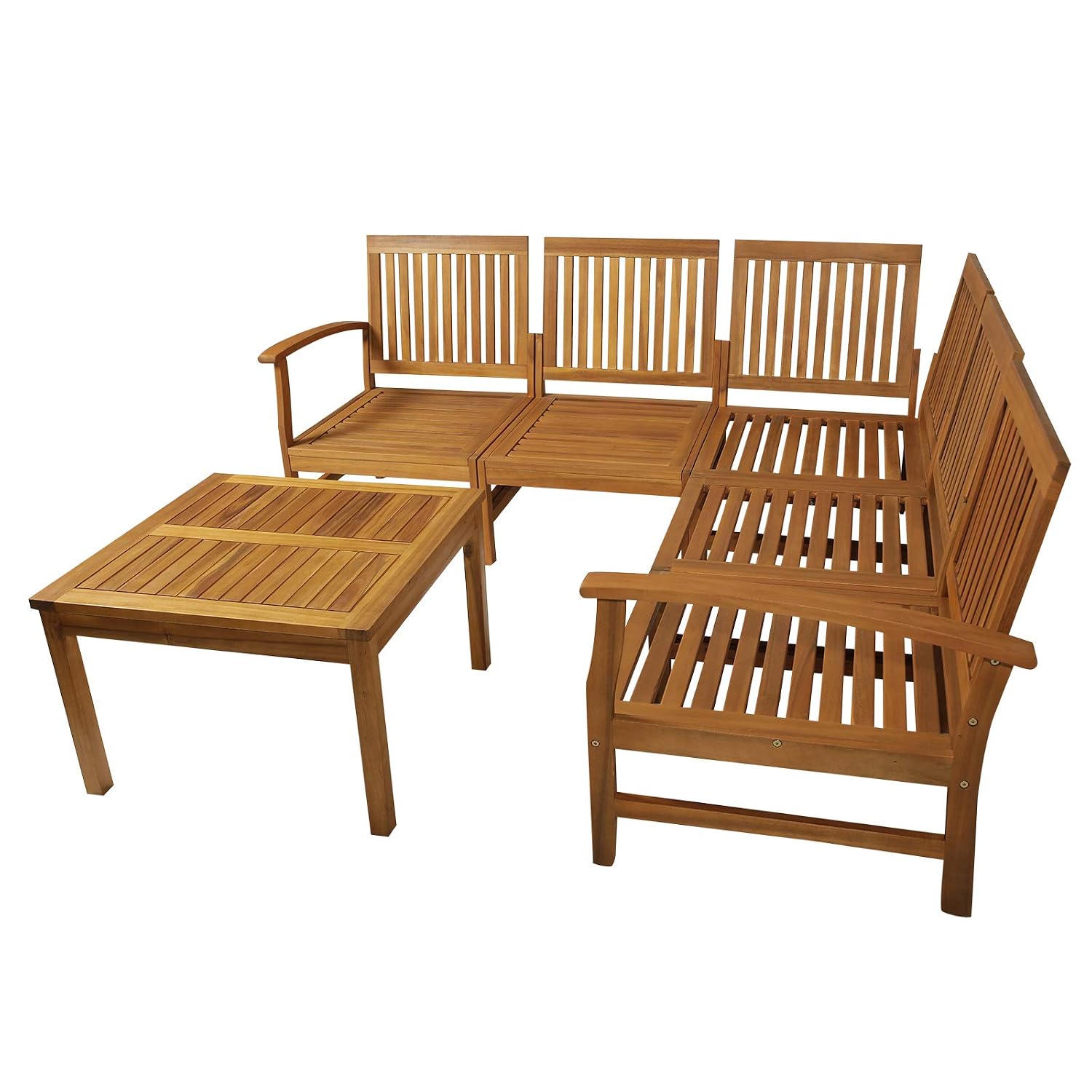 Outsunny 6 Piece Solid Acacia Wood L Shape Corner Sectional Sofa Furniture Set Conversation Sets