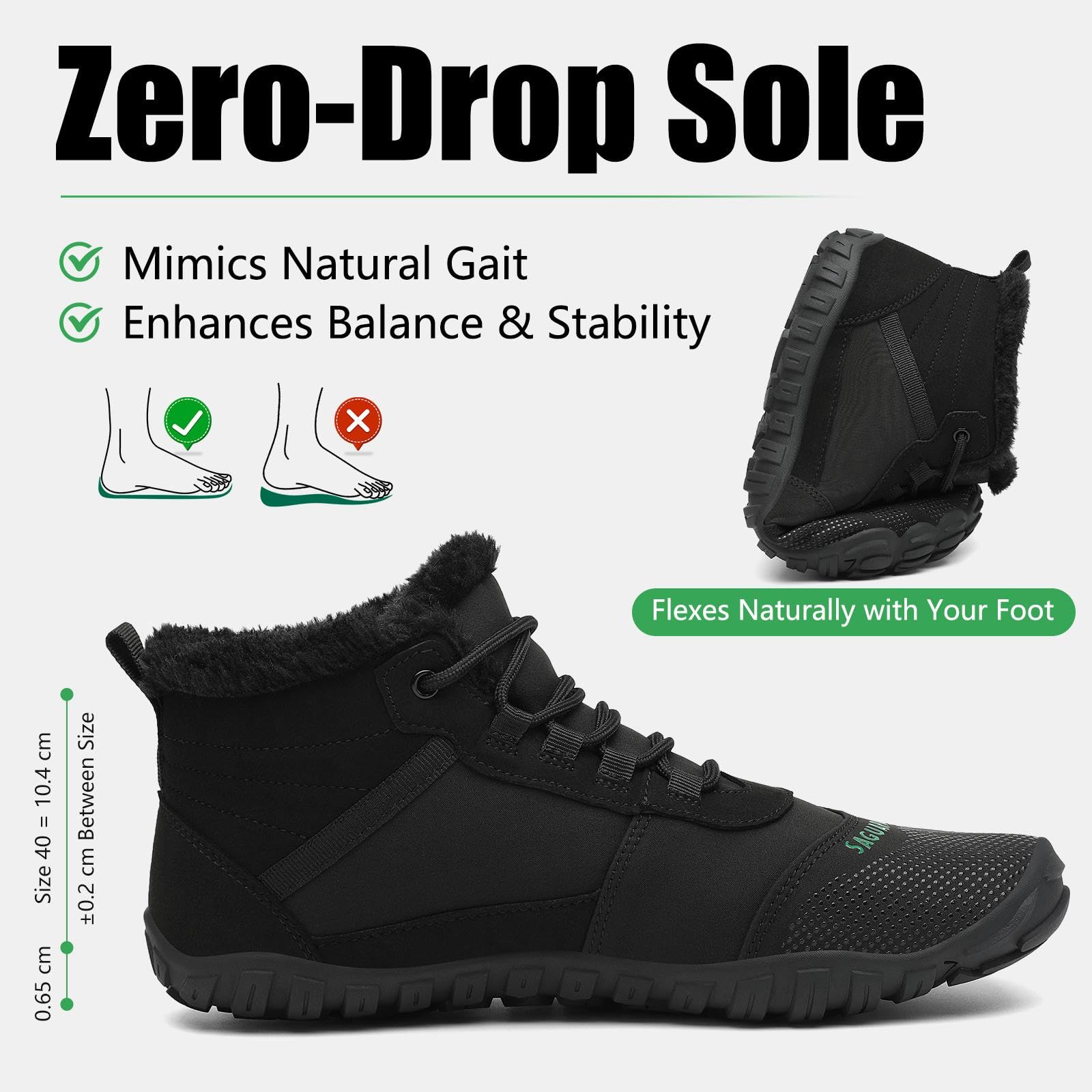SAGUARO Winter Barfußschuhe Herren Barfuss Schuhe Damen Winter Gefüttert Winterschuhe Wasserabweisend Winterstiefel Winterboots Schneeschuhe Schwarz, Gr.40 6