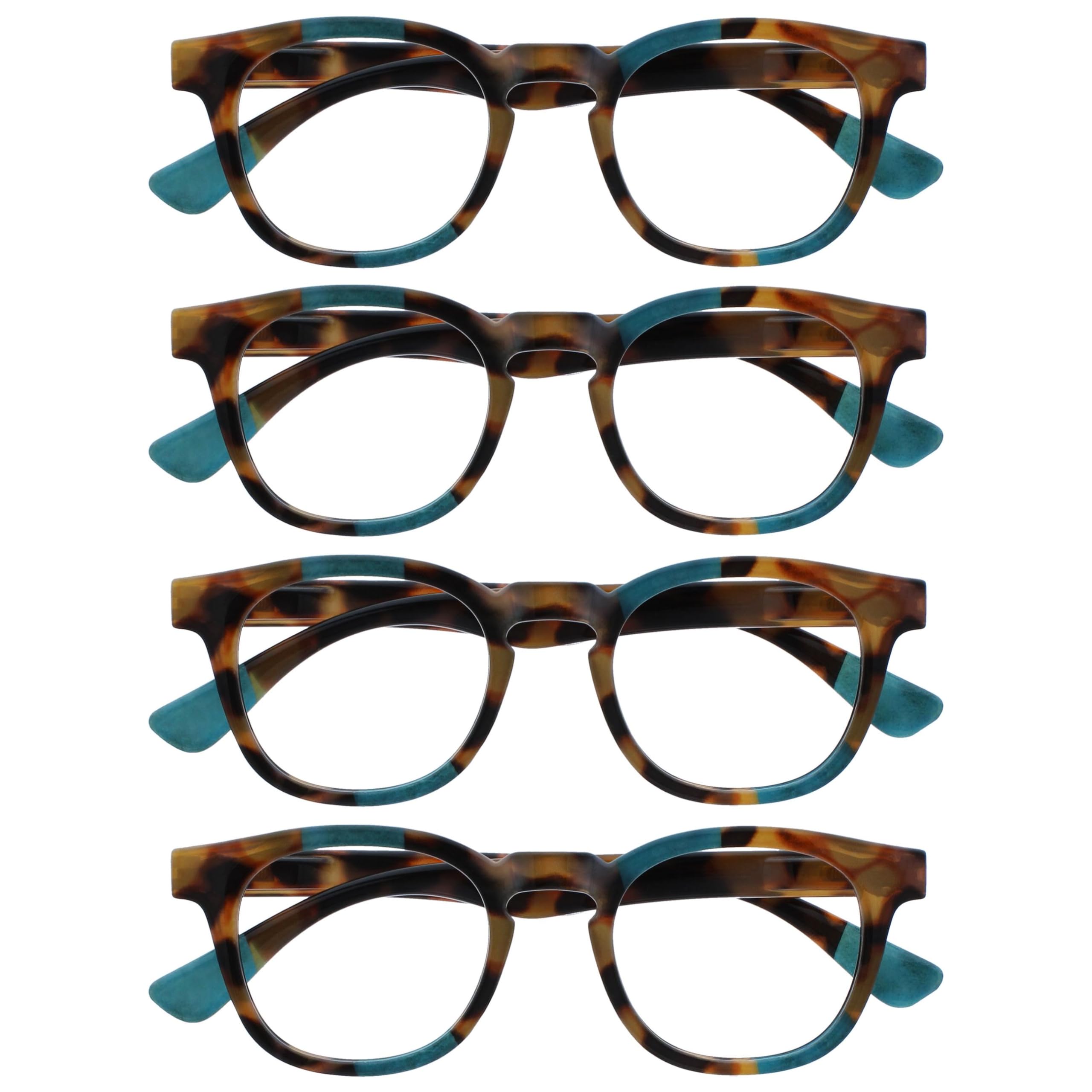 OPULIZE Ava Reading Glasses 4 Pack Flattering Rounded Frame Spring Hinges Scratch Resistant Brown Tortoiseshelll Turquoise Mens Womens RRRR62-Q +2.00