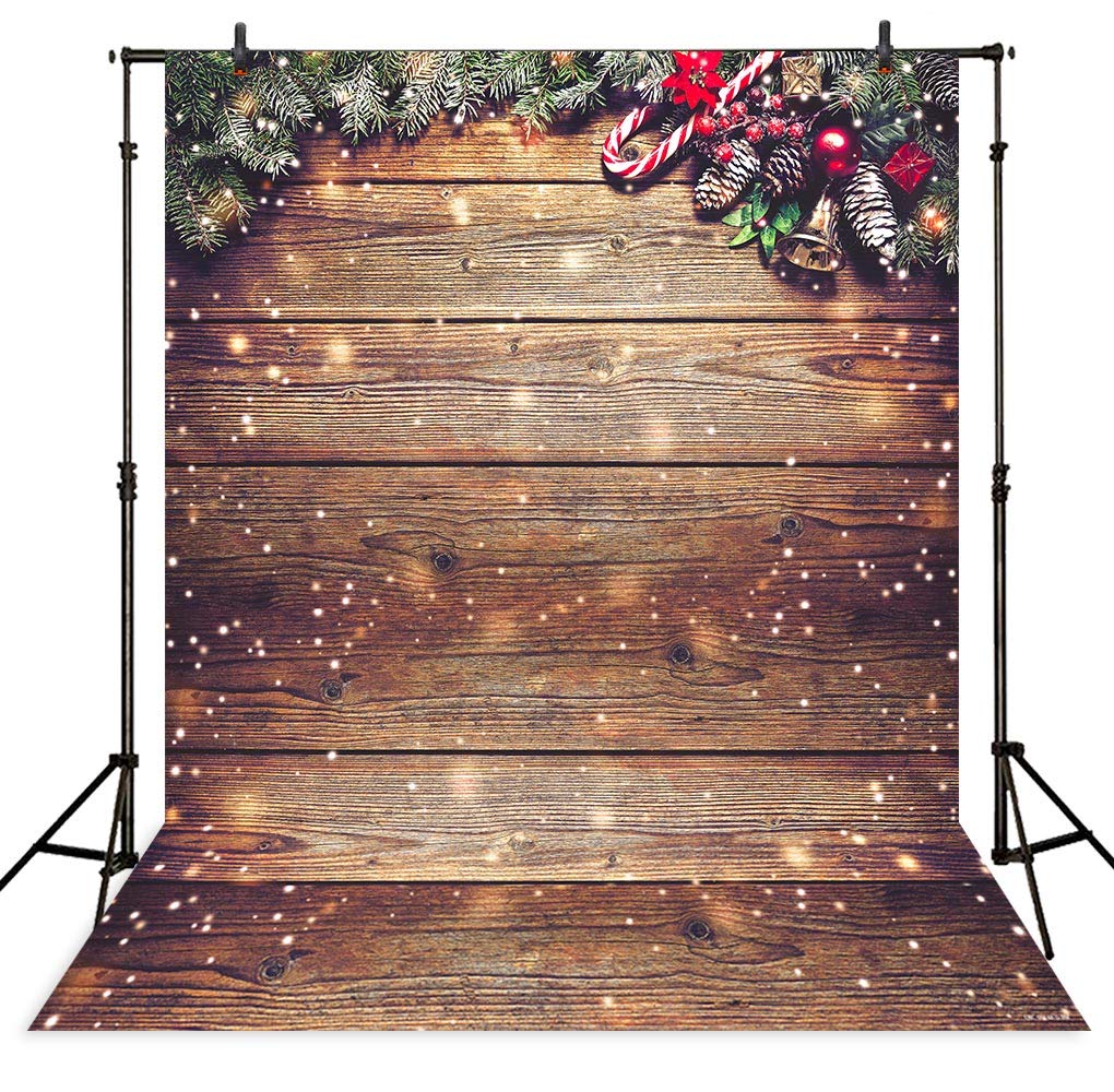 Allenjoy 5X7FT Snowflake Gold Glitter Christmas Wood Wall Photography Backdrop Xmas Rustic Barn Vintage Wooden Floor Background for Kids Portrait Photo Studio Booth Photobooth Photographer Props