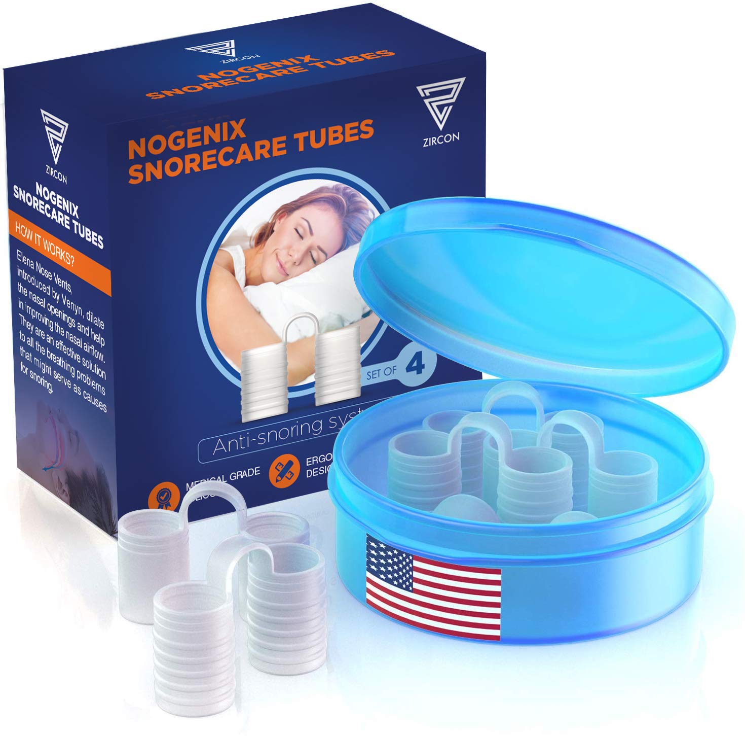 Zircon Set of 4 Nose Vents To Ease Breathing - Anti Snoring, Advanced Design & Reusable - Includes Travel Case