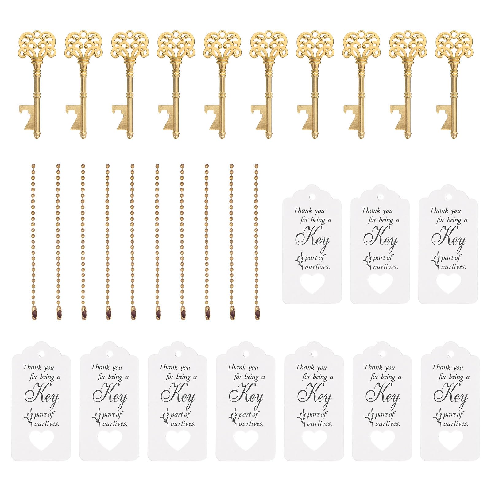 PATIKIL Vintage Key Bottle Openers, 10 Pcs Wedding Party Favor Souvenir Gift Set with Thank You Tag, Key Chains for Guests, Golden, White