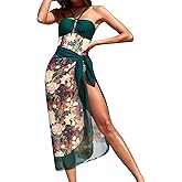 IDOPIP Women's One Piece Swimsuit with Beach Cover up Wrap Skirt Sarong Retro Floral Print Bikini Set Two Piece Bathing Suits