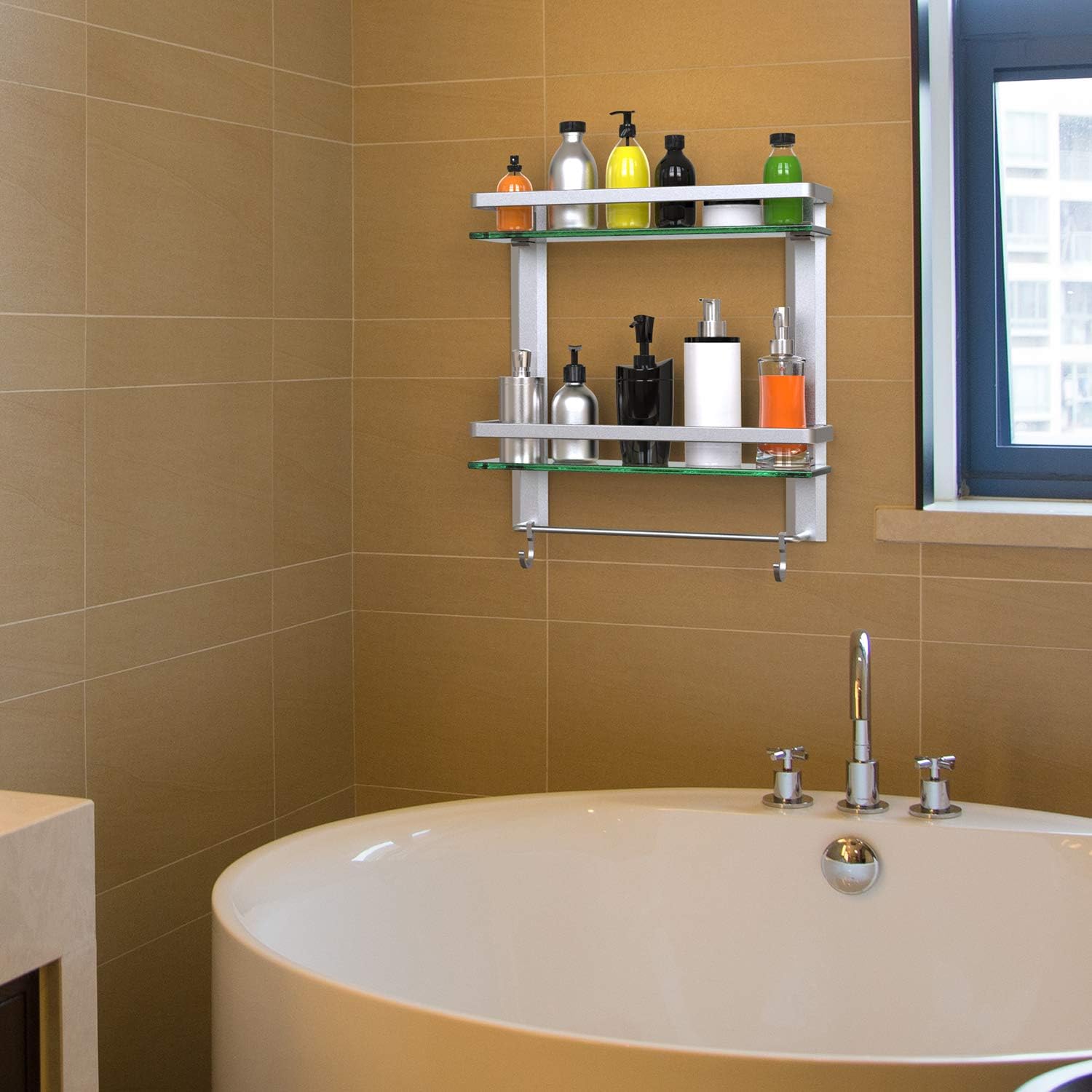 Vdomus Tempered Glass Bathroom Shelf, 2 Tier Shelf with Towel Bar Wall Mounted Shower Storage15.2 by 5 inches, Brushed Silver Finish (2 Tier Glass Shelf): Kitchen & Dining