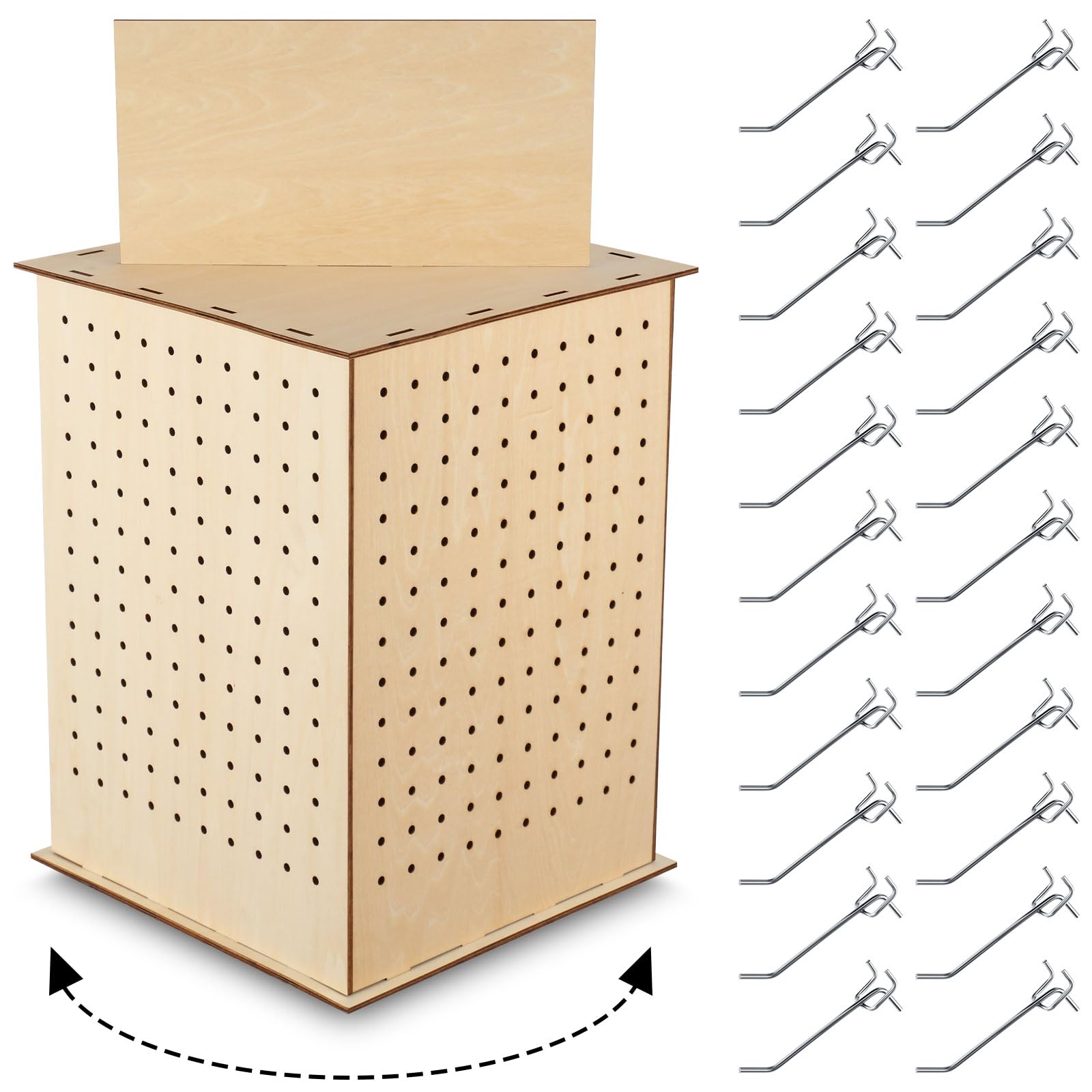 Photo 1 of Kigley Wooden Rotating Display Stand 4 Sided Revolving Jewelry with Heavy Duty Pegboard Hooks, Keychain Rack 360° Rotating Pegboard for Craft Shows(11.8 x 11.8 x 15.8 Inch)
