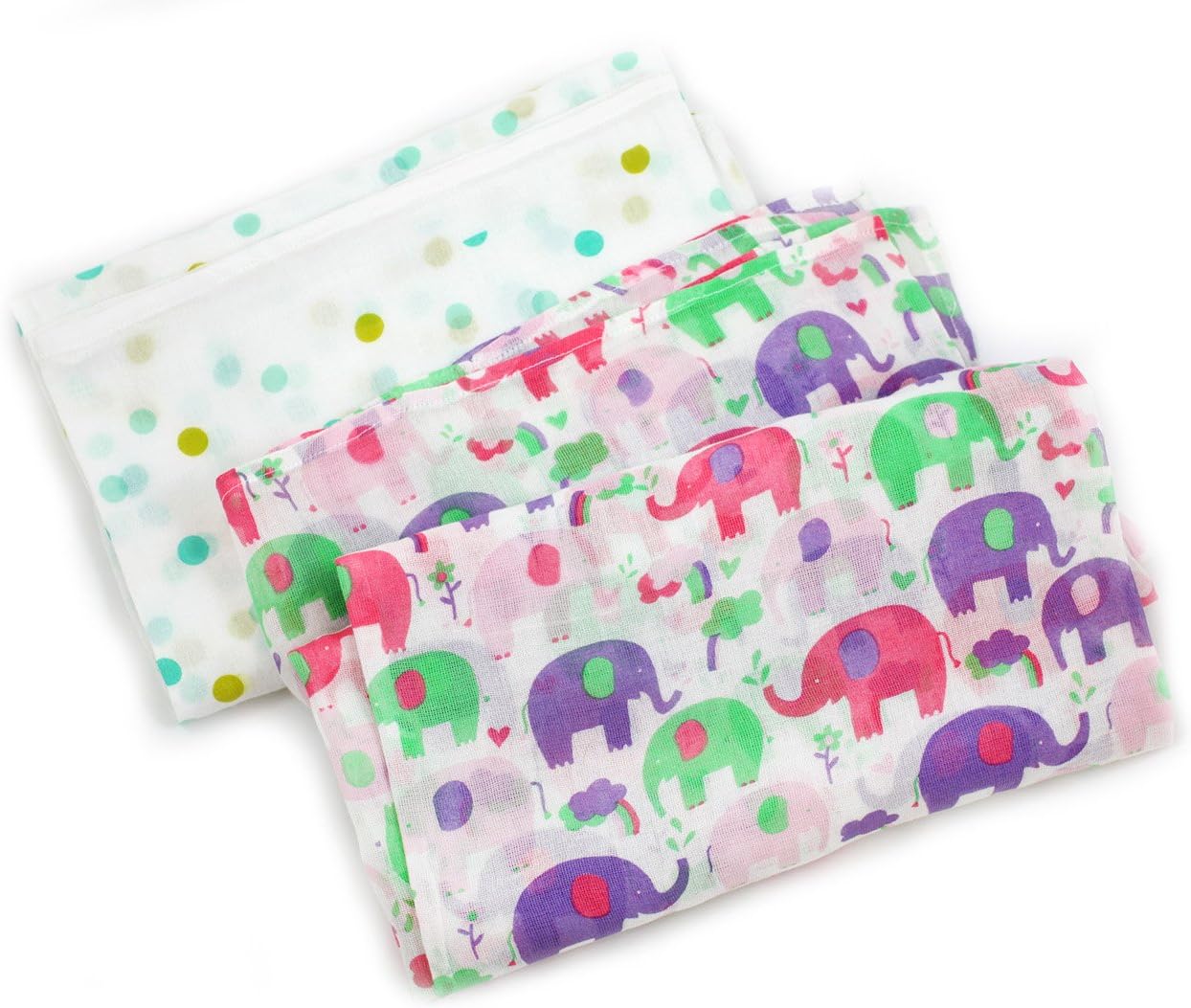 Viverano Pure Organic Cotton Soft Breathable Muslin Swaddle Blanket Cloth for Babies (2-Pack, Pink Purple Elephants & Polka Dots)