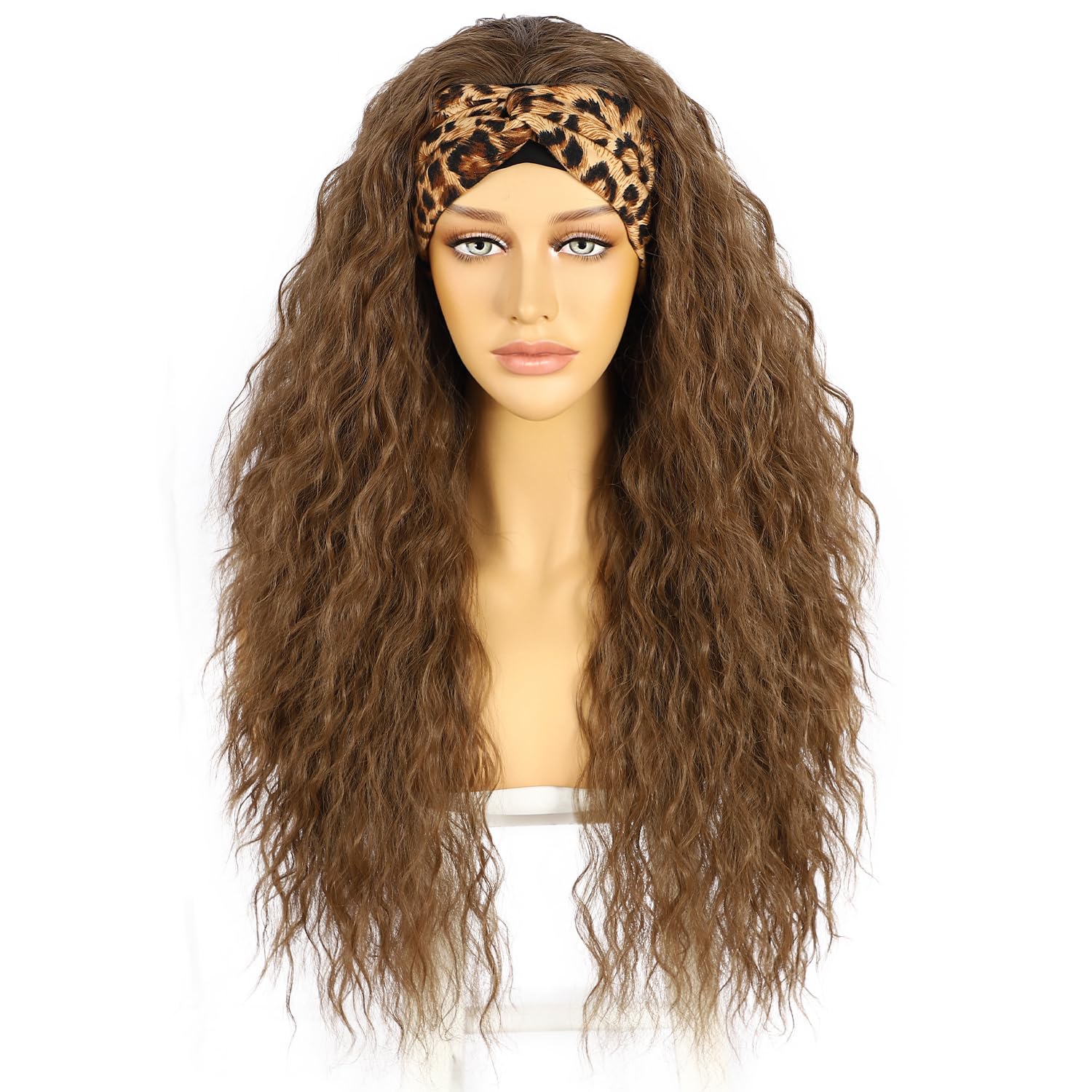 Sapphirewigs Curly Headband Wig Golden Brown Synthetic Hair Loose Water Wave Headband Wigs for Women Glueless 150% Density 26 inch โ image 1