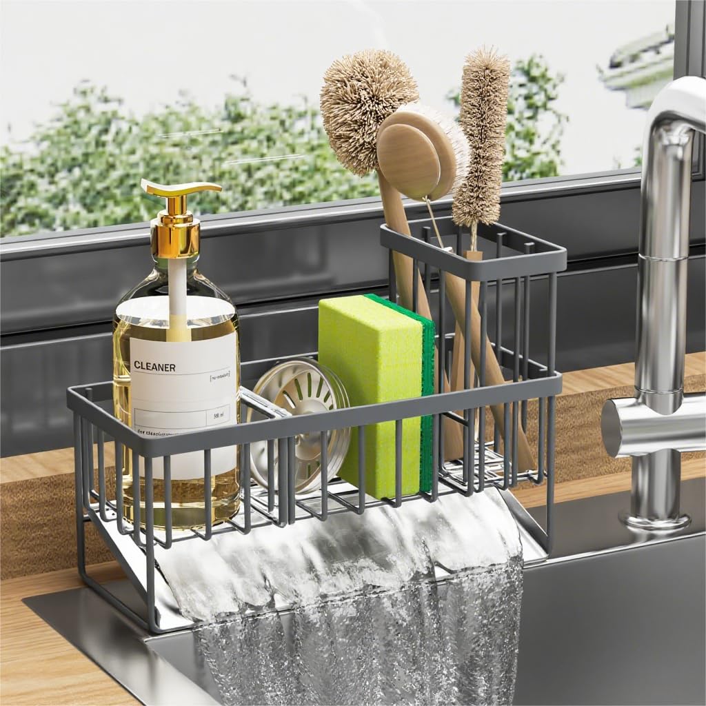 Photo 1 of Cisily Sink Caddy Organzier with High Brush Holder, Sponge Holder for Sink, 304 Rustproof Stainless, Kitchen Countertop Soap Dispenser Organizer, Dark Gray Kitchen Decor and Accessories