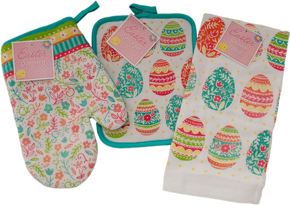 Easter and Spring Bundle of 3 Items - Oven Mit, Pot Holder, and Easter Kitchen Towel