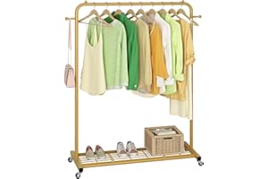 Sywhitta Clothes Rack on wheels, Clothing Rack with Bottom Mesh Storage Shelf,Sturdy Metal Frame,Rolling Garment Rack for Hanging Clothes,Coats,Skirts,39.76" L x 16" W x 64.56" H,Golden
