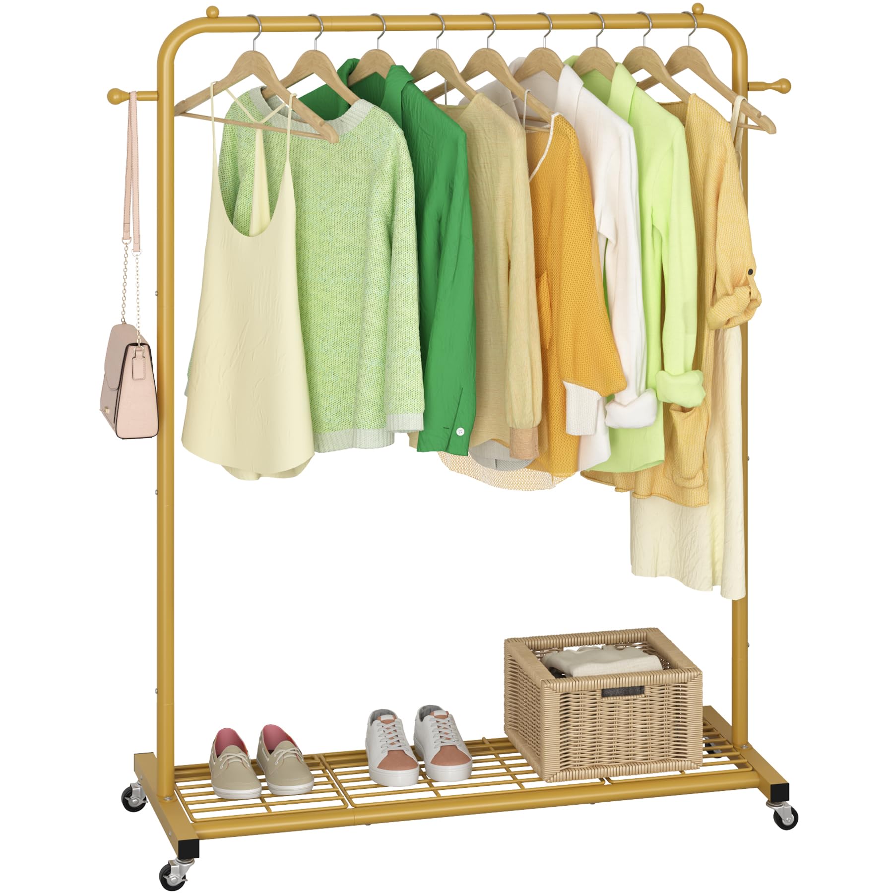 Photo 1 of ***PARTS ONLY/NO WHEELS, HARDWARE OR DIRECTIONS**Sywhitta Clothes Rack on wheels, Clothing Rack with Bottom Mesh Storage Shelf,Sturdy Metal Frame,Rolling Garment Rack for Hanging Clothes,Coats,Skirts,39.76" L x 16" W x 64.56" H,Golden
