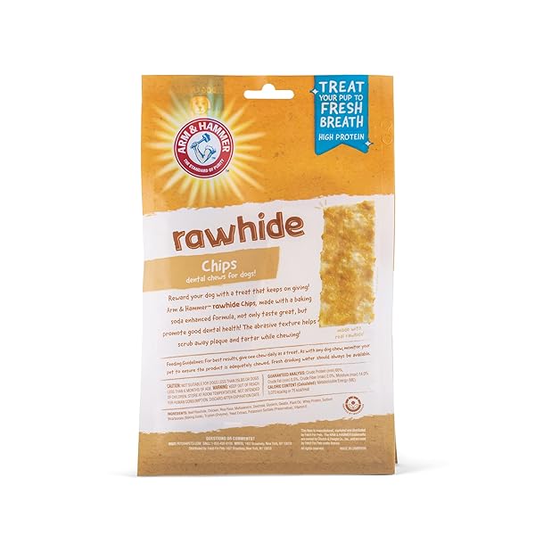ARM & HAMMER FOR PETS RAWHIDE CHIPS FOR DOGS REAL DOG RAWHIDE CHEWS WITH CHICKEN COATING AND ARM AND HAMMER BAKING SODA ENHANCED FORMULA FOR FRESH DOG BREATH, DOG TREAT BAG SIZE LARGE (PACK OF 1)