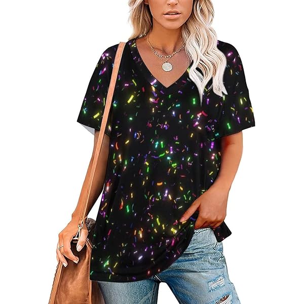 トップス NEON SIGN V-NECK T-SHIRT Glow in Dark Splatter Neon Women's Summer Tops V Neck T