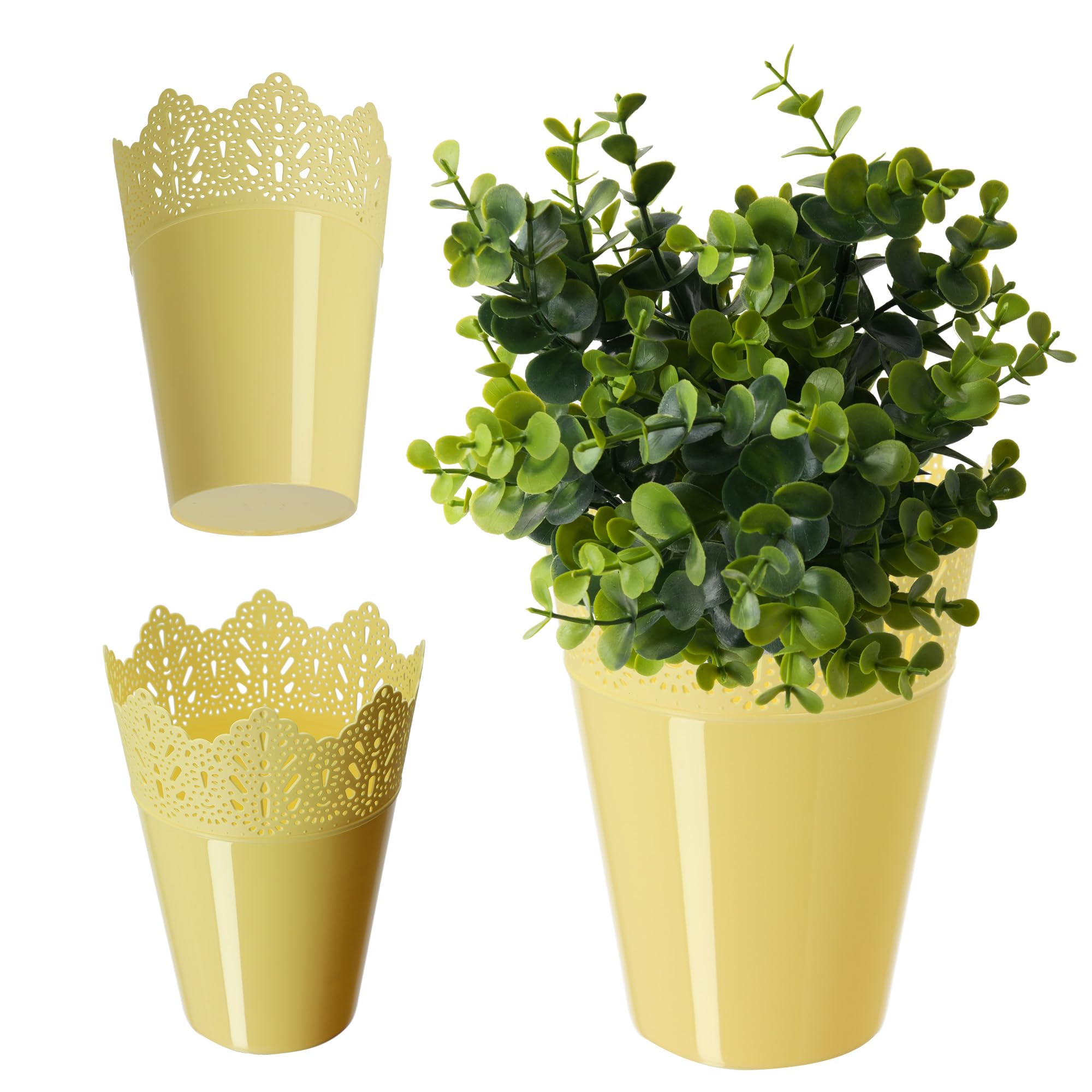 KADAX Plastic Lace Flower Pot 9 Colors Lace Flower Pot Flower Pot Protector for Office Pot Garden Bowl Flower Pot Planter (Diameter 16.5cm, Height, Yellow)