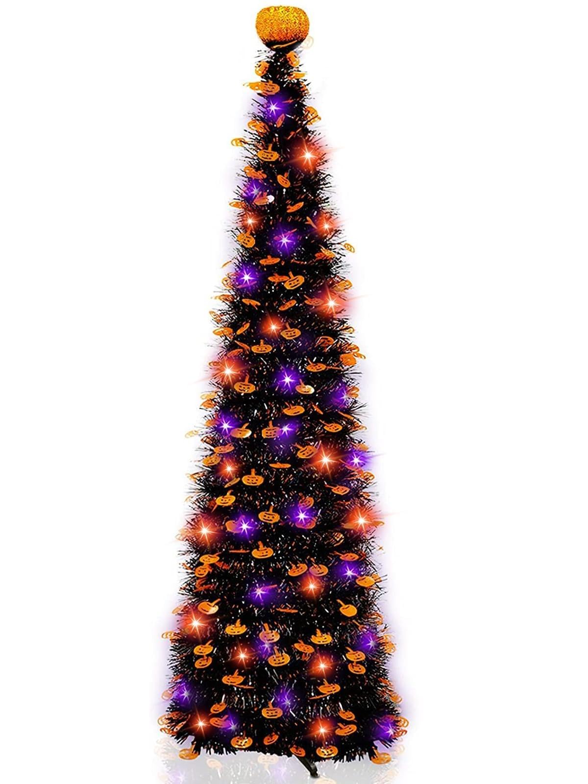 Photo 1 of Timer - 6 Ft 60 LED Tinsel Halloween Tree Decor with Orange & Purple Lights 8 Modes Black Christmas Tree Pumpkin Battery Operated Pop Up Artificial Tree Indoor Outdoor Decorations