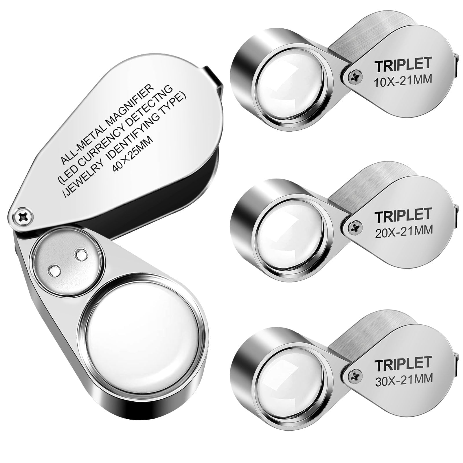 EEEKit 4PCS Loupe Magnifier, 10X 20X 30X 40X Magnifying Glass with Light, Full Metal Folding Pocket Jewelers Magnifying Loupe with UV Light and Bright LED Light for Close Work Crafts Watch Repair