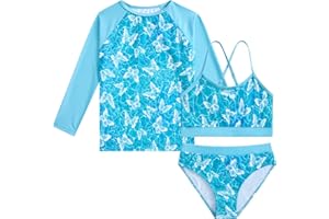 Vogseek 7-13T Girls 3pcs Bikini Swimwear with Long Sleeve Rashguard Shirts Quick Dry Swimsuits UPF 50+ Bathing Suits