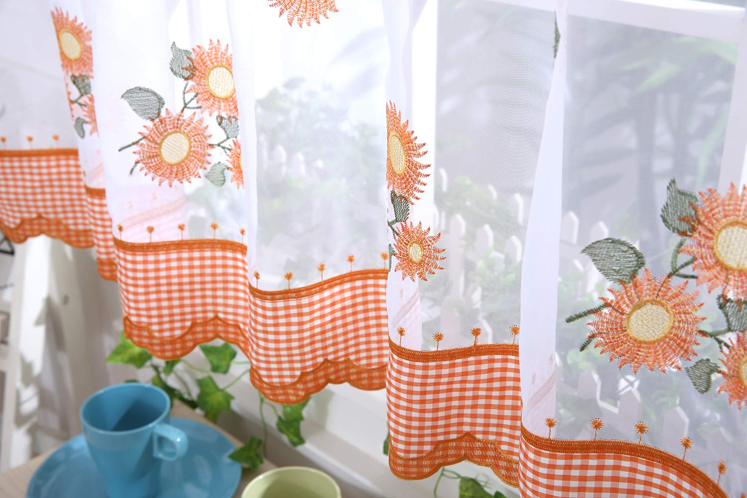 VOILE CAFE NET CURTAIN PANELS D10 ORANGE SUNFLOWER 24" KITCHEN